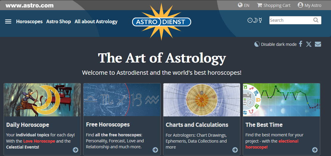 Screenshot of Astro.com home page featuring the website title 'The Art of Astrology' and four sections: Daily Horoscope, Free Horoscopes, Charts and Calculations, and The Best Time, with navigation options for Horoscopes, Astro Shop, and more.