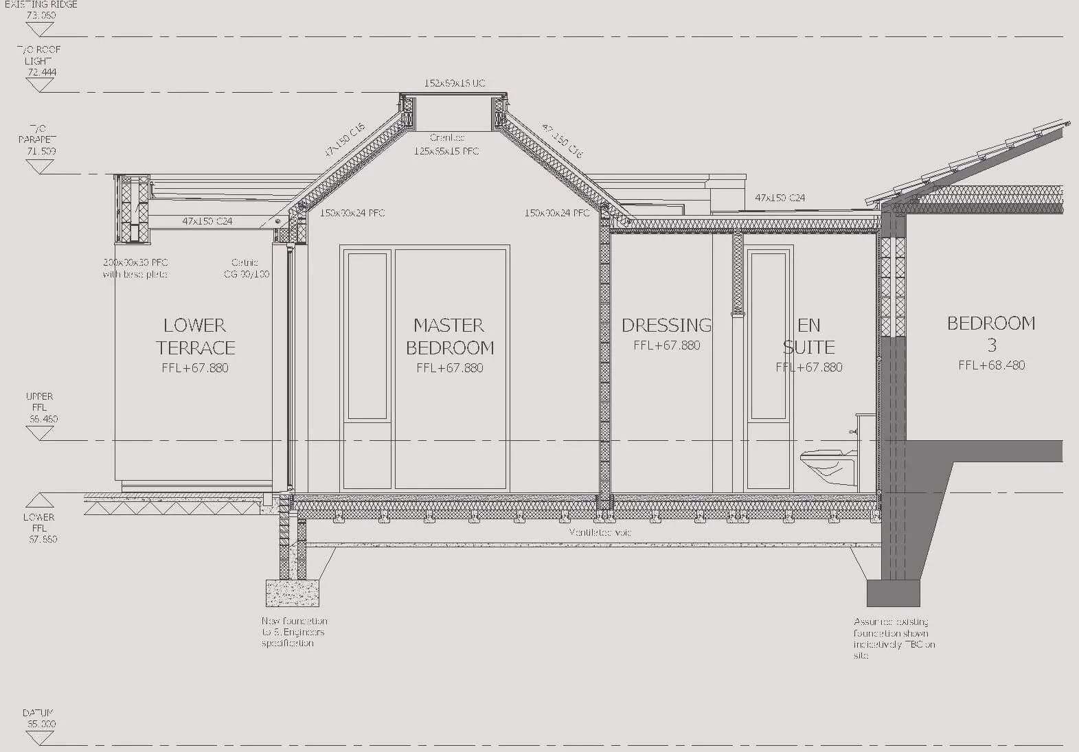 Architectural blueprint drawing plan of a house extension cross-section for building regulation approval with open plan kitchen, vaulted ceiling and large roof light.