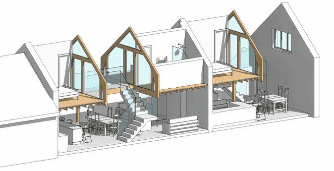 Architectural concept drawing plans of a stables conversion to two houses, structural glass balustrades, floating stairs, rooflights, open plan kitchens and living area.