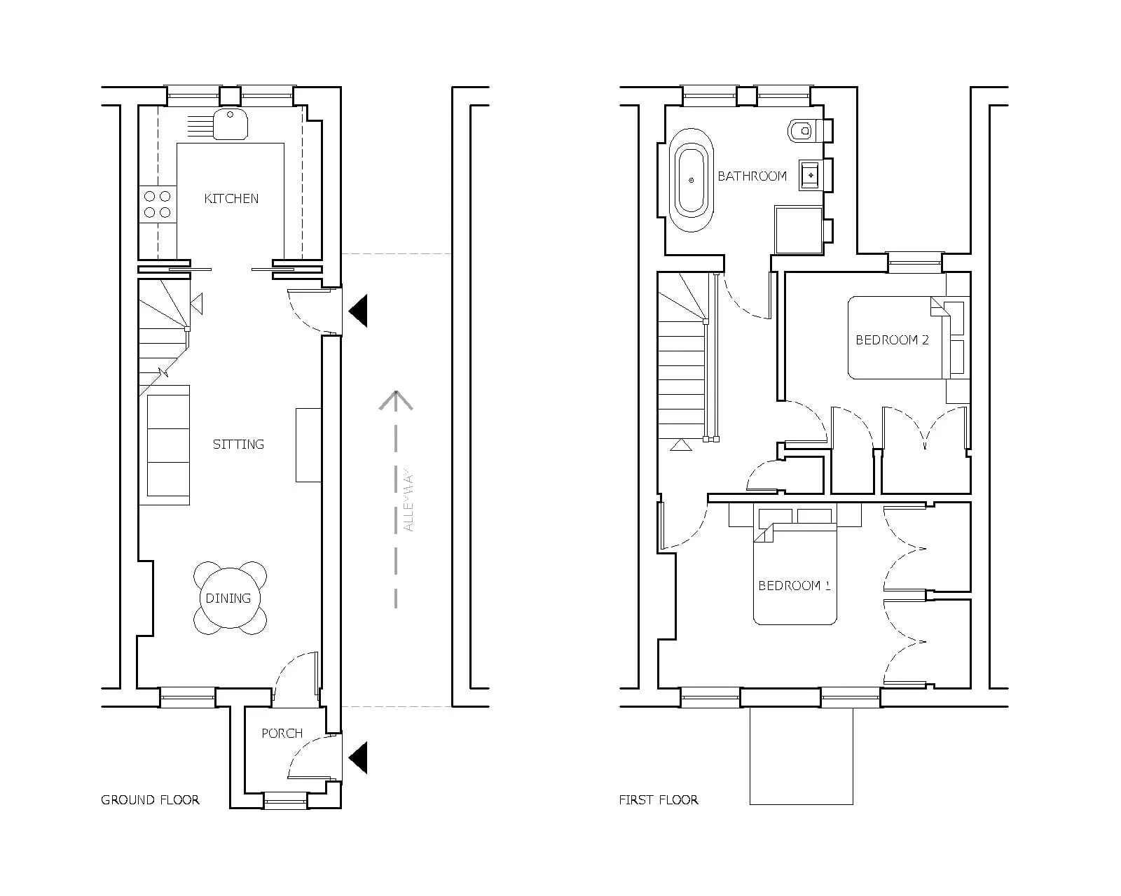 Architectural floor plan drawings of a two-story house showing the ground floor with a porch, dining room, sitting area, staircase, and kitchen, and the first floor with two bedrooms, a bathroom, and a staircase after full renovation.