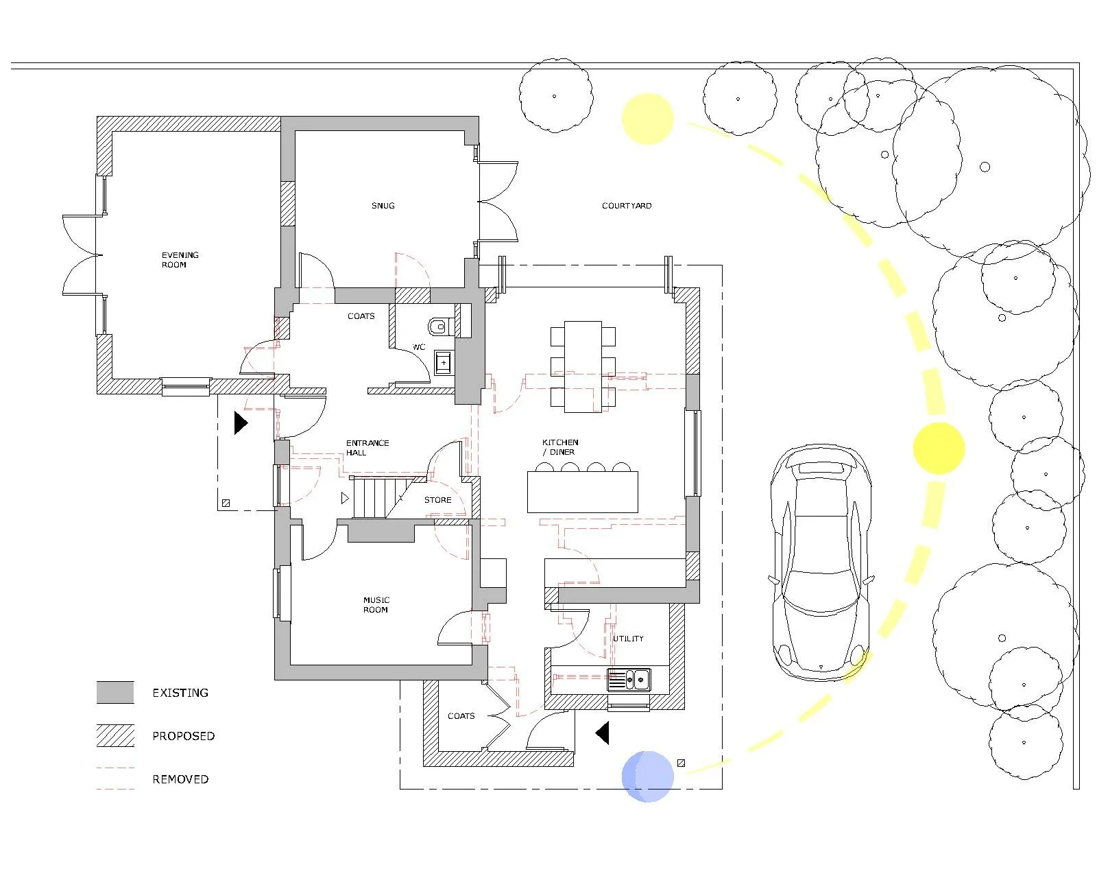 Architectural concept design floor plan drawing showing potential extensions and internal re-design to a house