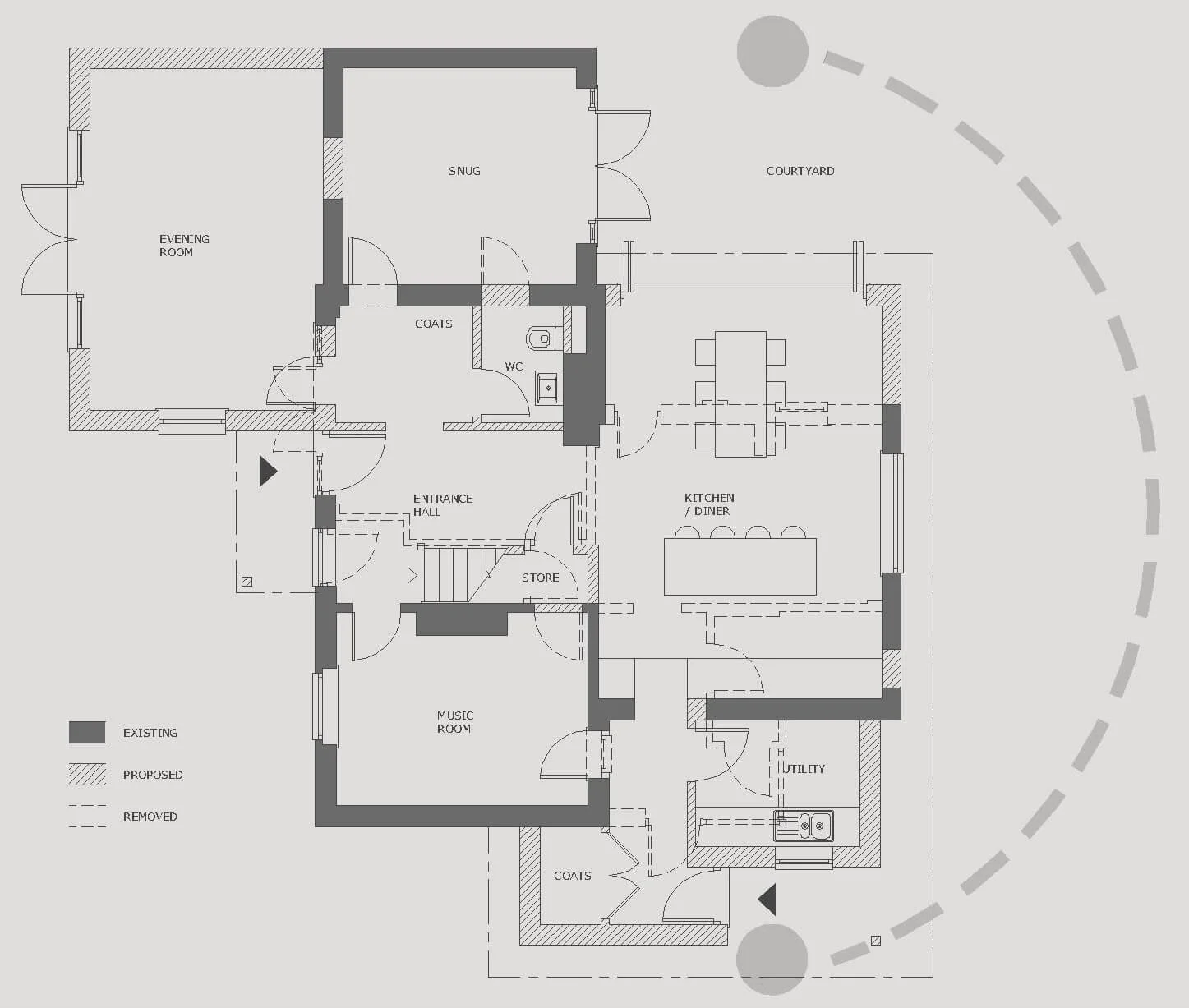 Architectural concept design floor plan drawing showing potential extensions and internal re-design to a house