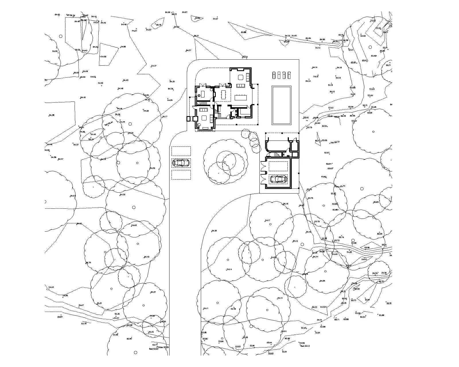 Architectural site plan drawing of a residential property showing a new build house house, driveway with car, swimming pool, and surrounding landscaping with trees and contour lines.