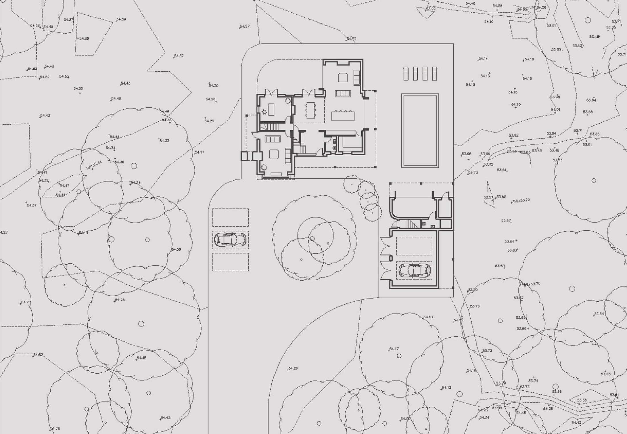 A detailed architectural site plan drawing with architectural plans of a new build house, showing the floor plan, surrounding landscape, trees, garage and swimming pool