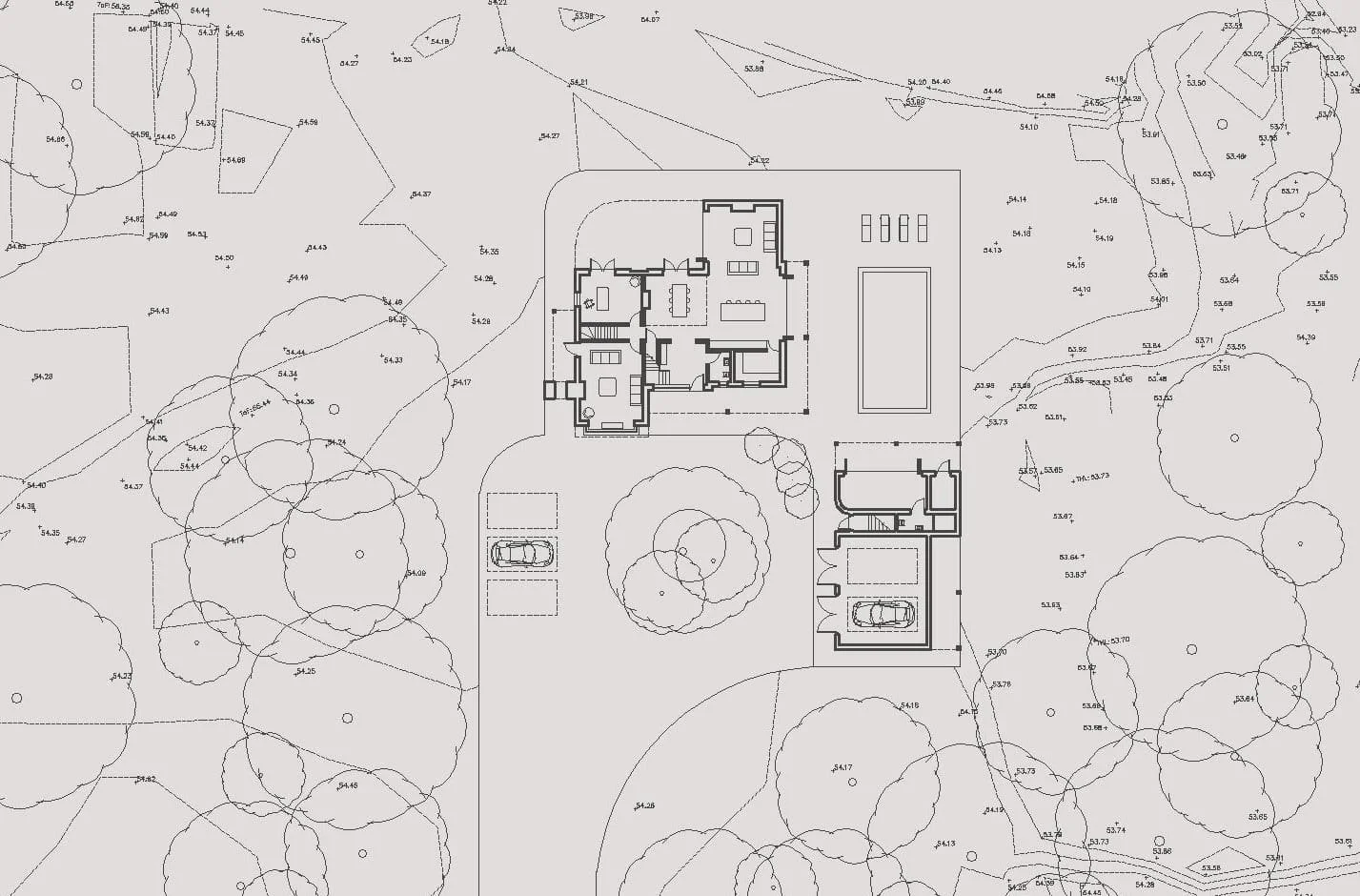 Architectural site plan drawing of a residential property showing a new build house house, driveway with car, swimming pool, and surrounding landscaping with trees and contour lines.