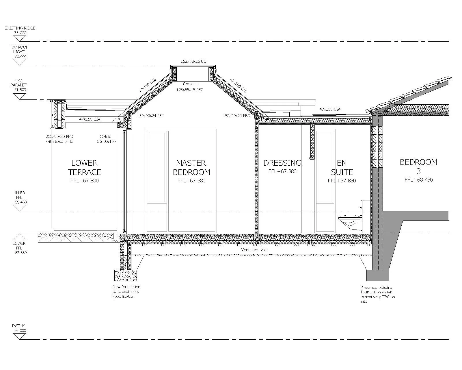 Architectural blueprint drawing plan of a house extension cross-section for building regulation approval with open plan kitchen, vaulted ceiling and large roof light.