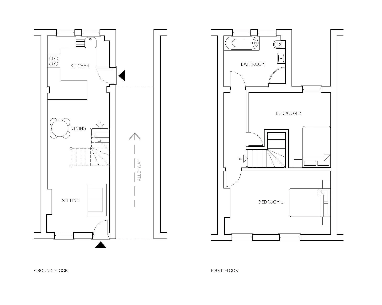Architectural floor plan drawings of a two-story house showing the ground floor with a porch, dining room, sitting area, staircase, and kitchen, and the first floor with two bedrooms, a bathroom, and a staircase before full renovation