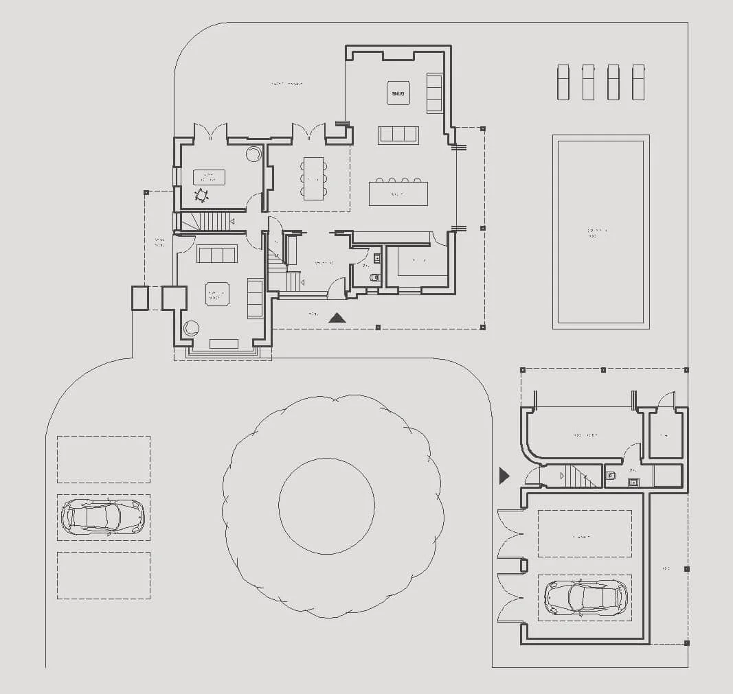 Architectural floor plan drawing of a house with surrounding outdoor areas including a driveway with parking, a lawn with a circular tree, a patio area with a swimming pool, and a detached garage.