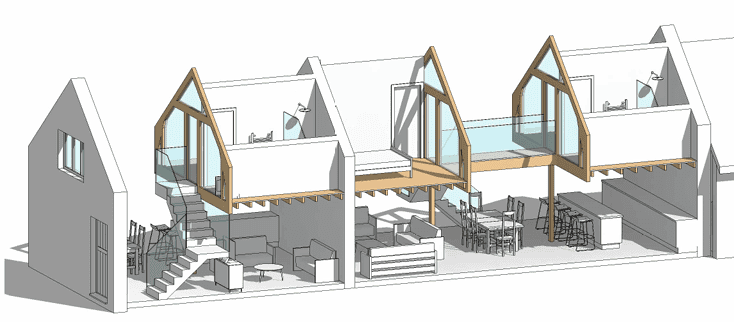 Architectural illustration of a listed barn conversion, including bedrooms, living spaces, and a central stairway connecting floors, with exposed timber trusses and vaulted ceilings.