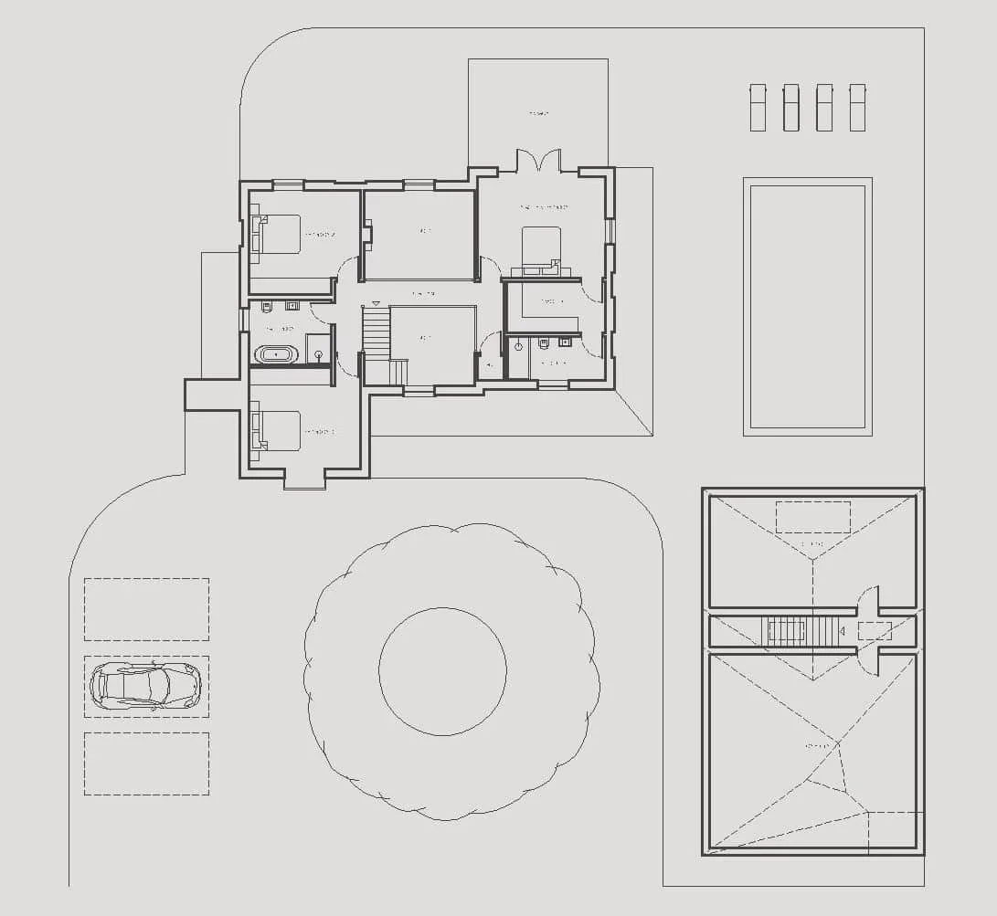 Architectural design floor plan drawing of a new build house with three bedrooms, staircase in double height space, galleried landing, two bathrooms, garage, large tree, swimming pool, and a detached garage and pool building.