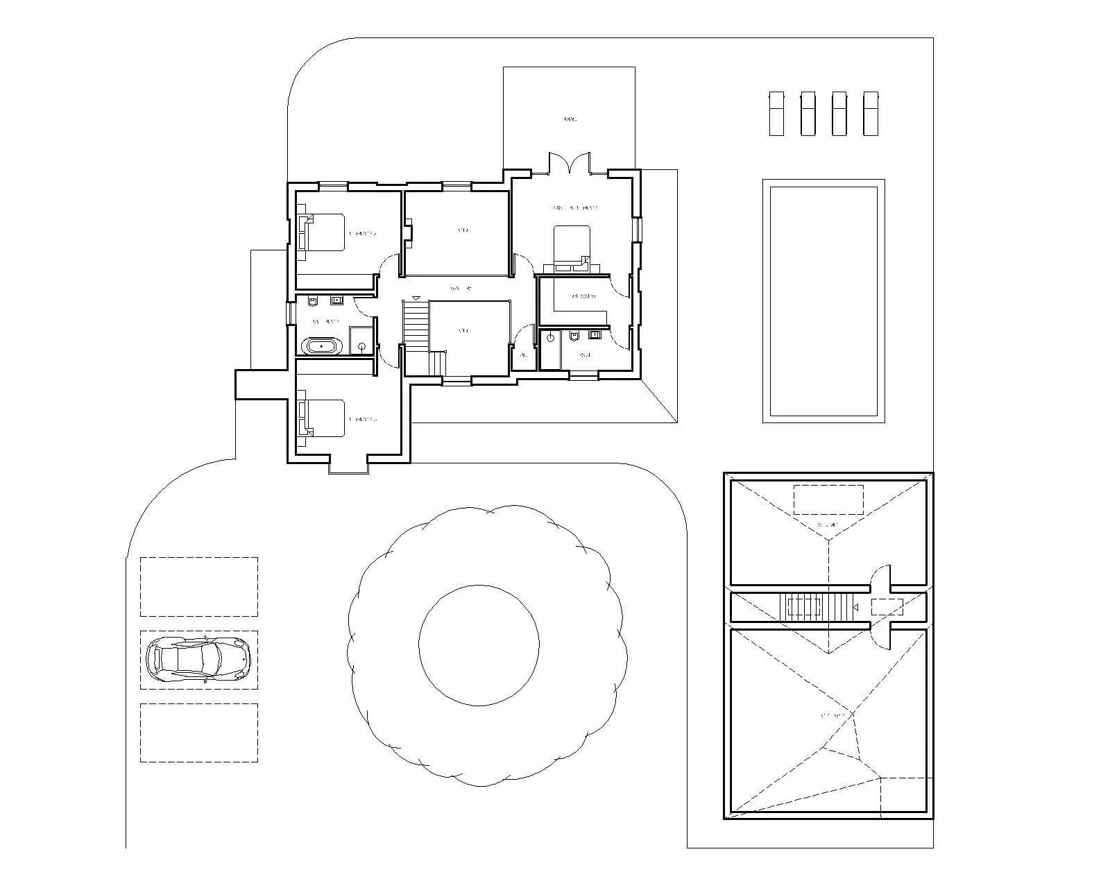 Architectural design floor plan drawing of a new build house with three bedrooms, staircase in double height space, galleried landing, two bathrooms, garage, large tree, swimming pool, and a detached garage and pool building.