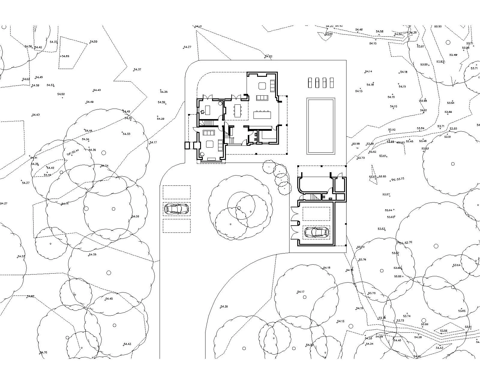 A detailed architectural site plan drawing with architectural plans of a new build house, showing the floor plan, surrounding landscape, trees, garage and swimming pool.