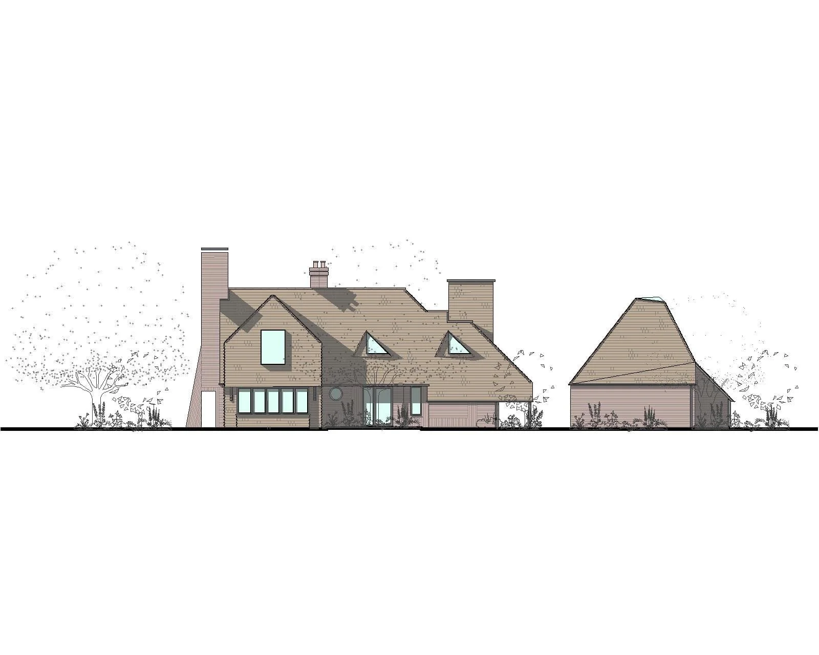 Artists impression of an energy efficient new build house in a traditional arts and crafts style with clay tile roof, brick walls, modern windows, large chimney breasts, detached garage and surrounding trees and plants.