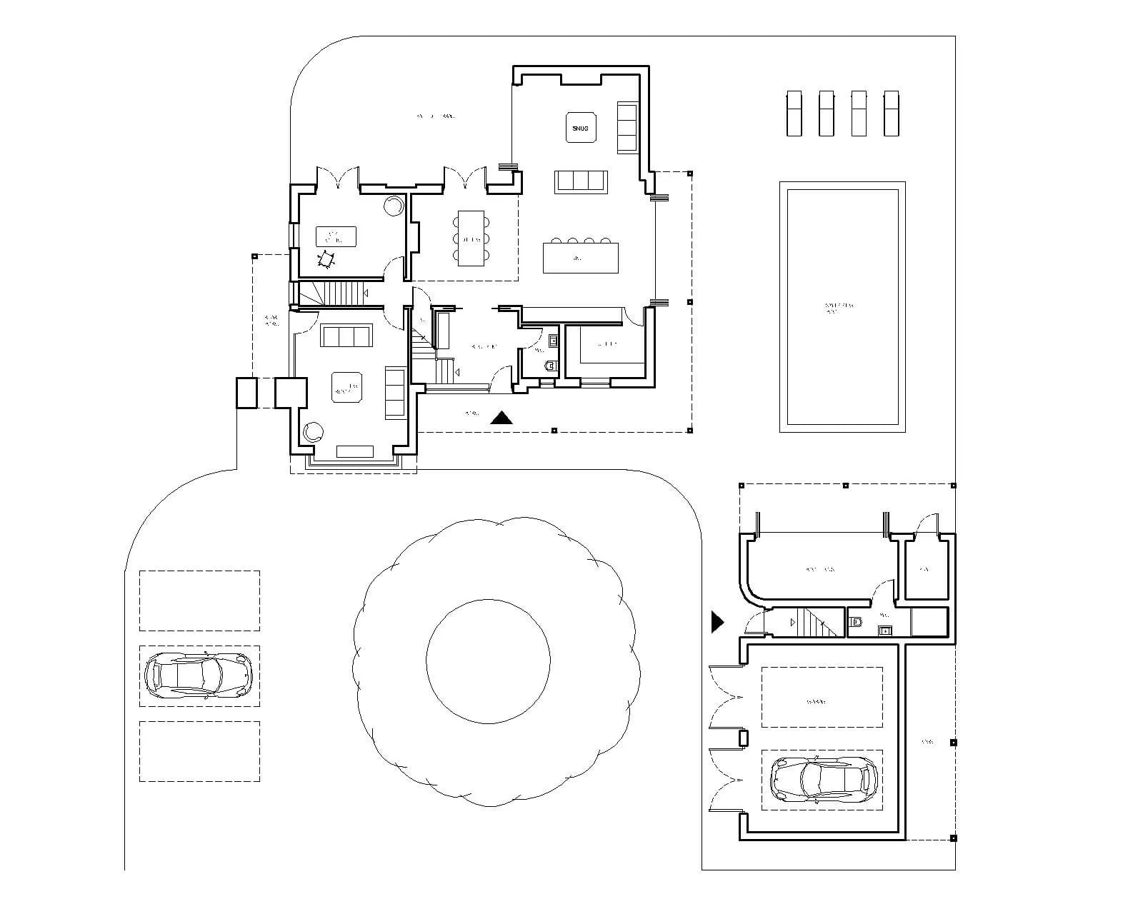 Architectural floor plan drawing of a house with surrounding outdoor areas including a driveway with parking, a lawn with a circular tree, a patio area with a swimming pool, and a detached garage.