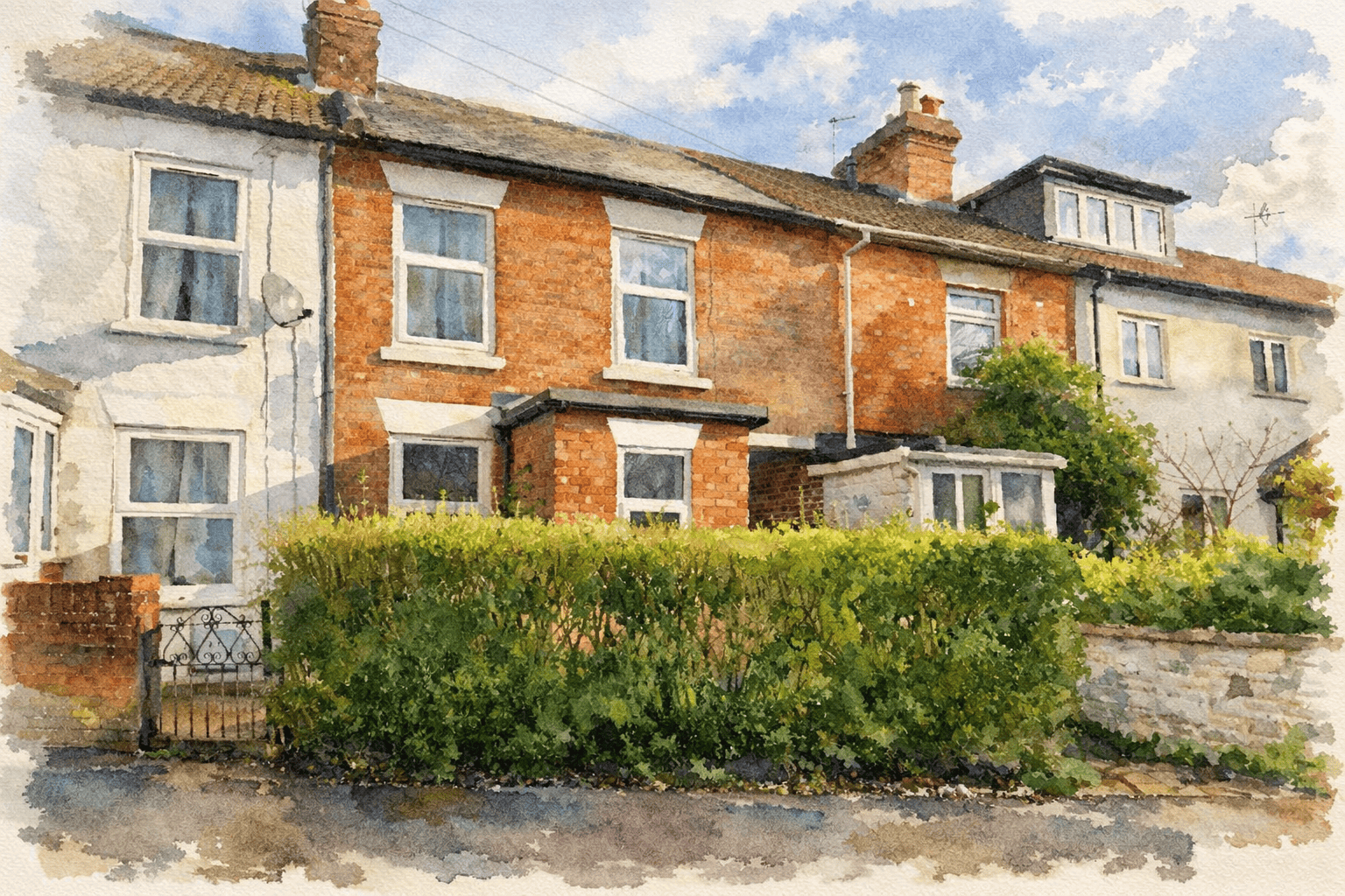 Water colour painting of a traditional mews house with brick walls, slate roof, stone window heads and cills, two stories, with a new porch extension to the front.
