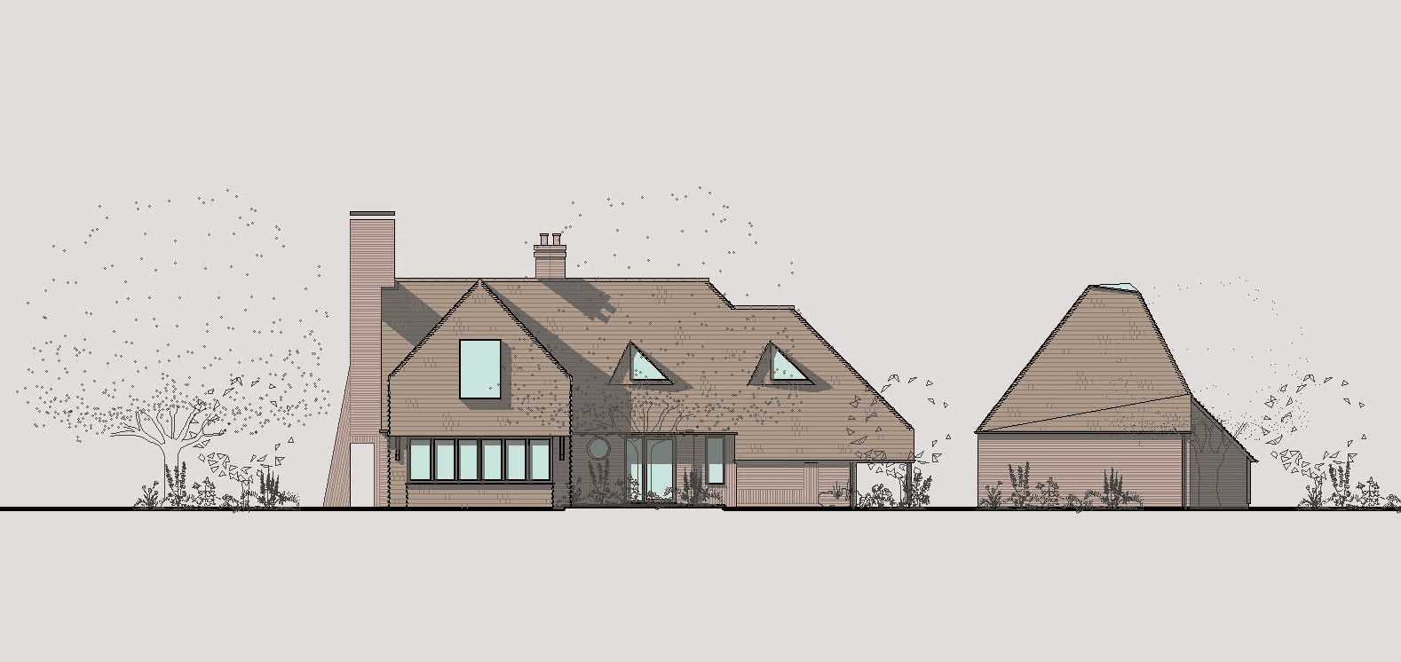 CGI architectural drawing plans of an energy efficient new build house in a traditional arts and crafts style with clay tile roof, brick walls, modern windows, large chimney breasts, detached garage and surrounding trees and plants.