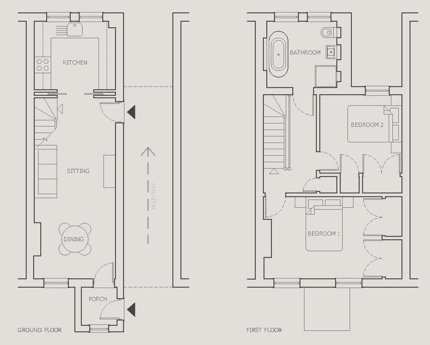Architectural floor plan drawings of a two-story house showing the ground floor with a porch, dining room, sitting area, staircase, and kitchen, and the first floor with two bedrooms, a bathroom, and a staircase.