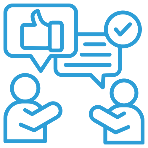 Two people talking with social media icons for a like and a completed task or approval above them.