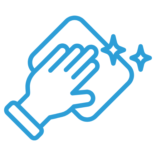Blue icon of a hand holding a smartphone with sparkles, indicating cleaning or sanitizing.