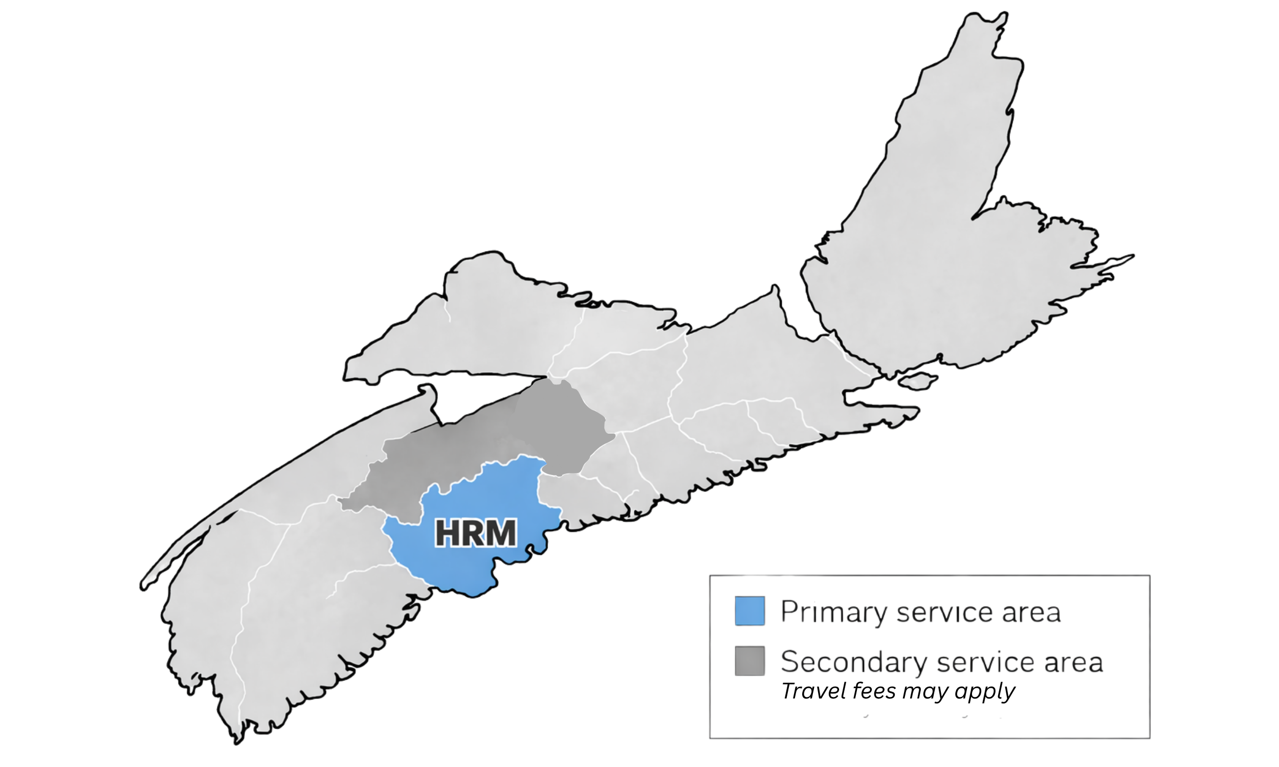 A map of North Carolina showing the location of HRM, with legend indicating primary service area in blue and secondary service area in gray.