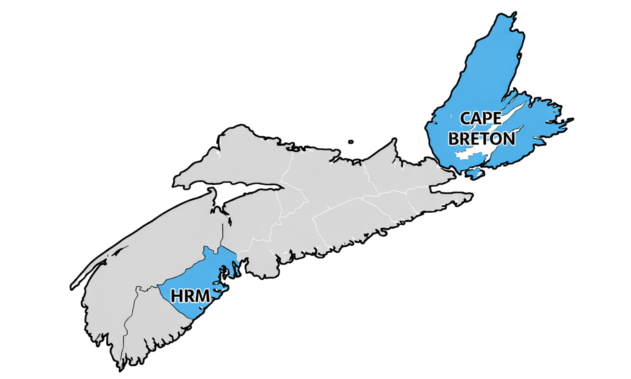 Map of Jamaica highlighting two regions: HRM in the western part of the island and Cape Breton in the northern part of the island of Nova Scotia.