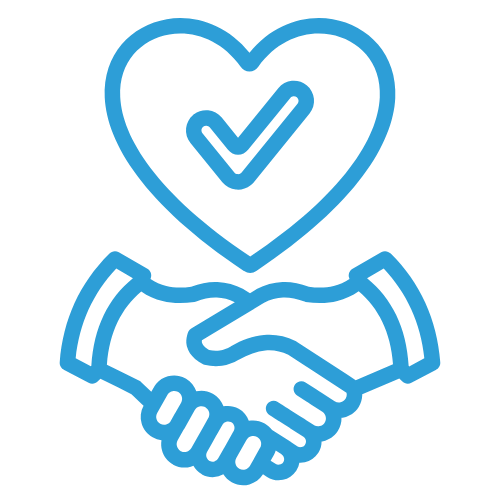 Outline of two hands shaking with a heart and check mark above them.