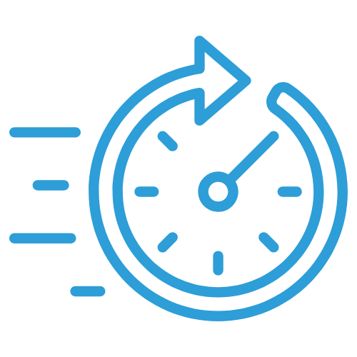 Icon of a clock with an arrow indicating quick movement or fast time. Lines to the left suggest speed or motion.