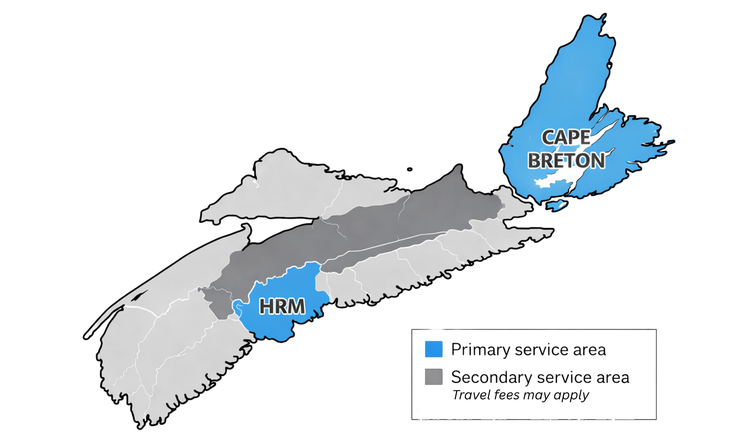Map of Newfoundland and Labrador showing the locations of Cape Breton and HRM with labels in blue and white text on blue background.