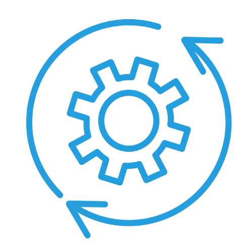 Blue gear icon surrounded by circular arrows on a black background, representing process or system update.