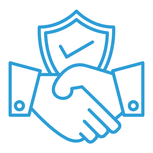 Outline of a handshake in front of a shield with a checkmark, representing agreement or trust.