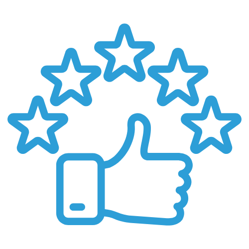Blue outline of a thumbs-up hand with a wristwatch, surrounded by five stars in a semi-circle.