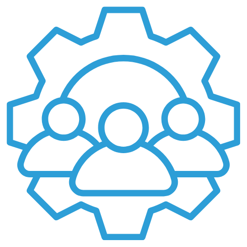 Outline of three people with gear behind them, representing teamwork or collaboration.