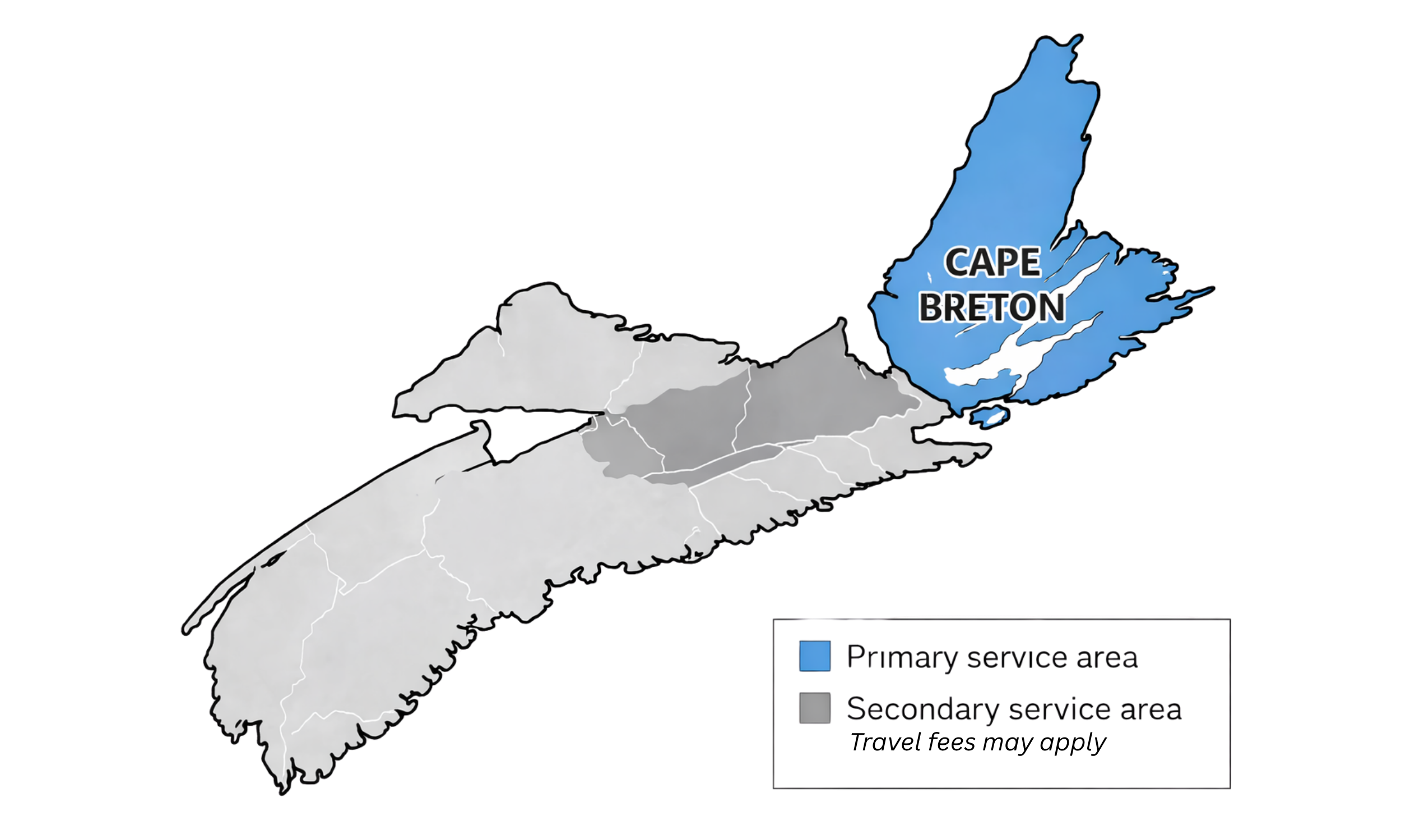Map of Newfoundland and Labrador highlighting Cape Breton in blue with the label positioned over the area, and the rest of Newfoundland and Labrador in gray. The map includes a legend indicating the colors representing the 'Cape Breton' area, the 'Overall Newfoundland and Labrador' region, and the 'Settled Areas'.