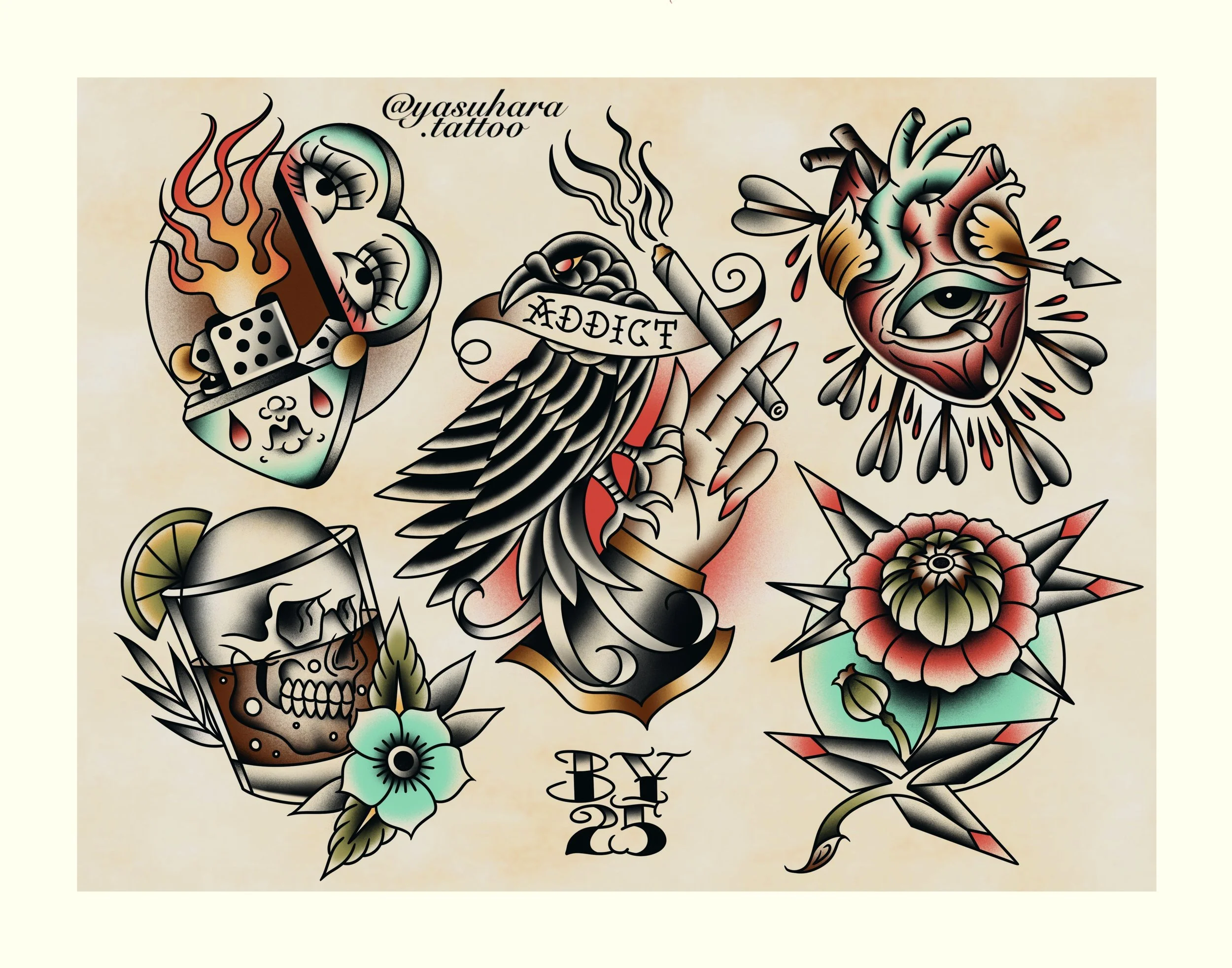 A tattoo design featuring a skull, a rose, a dagger, a snake, a flame, and an eye with various ornate details and shading.
