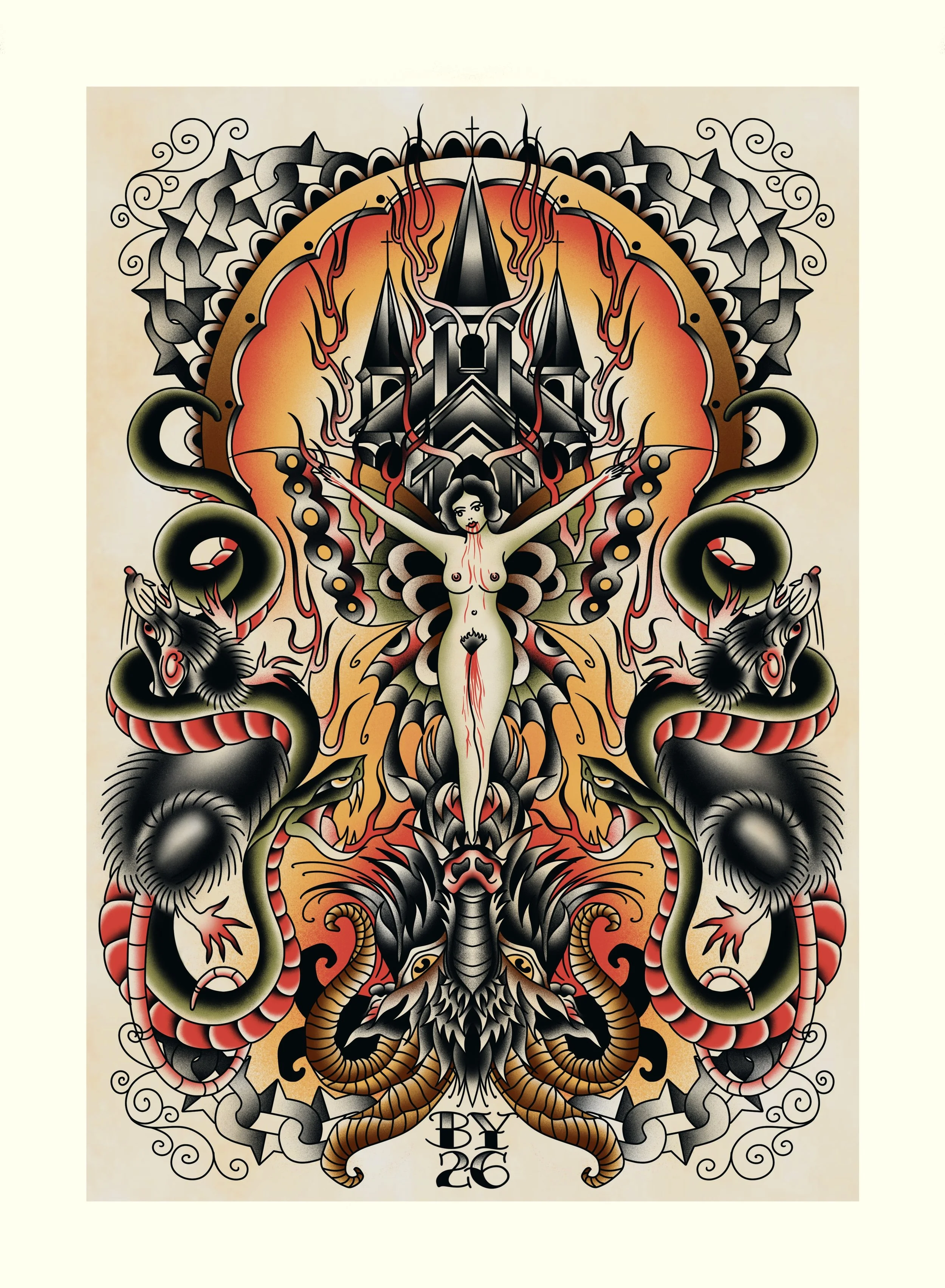 Tattoo-style artwork featuring a central female figure with arms outstretched, surrounded by snakes, dragons, and gothic architectural elements, with intricate swirling patterns and the words 'BY 26' at the bottom.