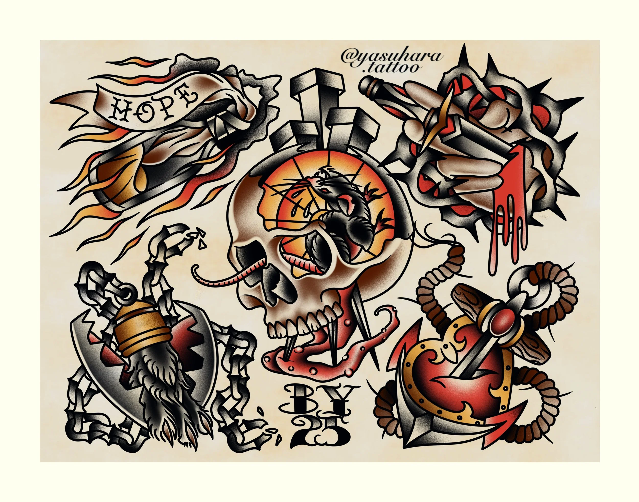 Tattoo art of a skull, a dragon, flames, and various tattoo elements with the handle '@yasuara.tattoo'