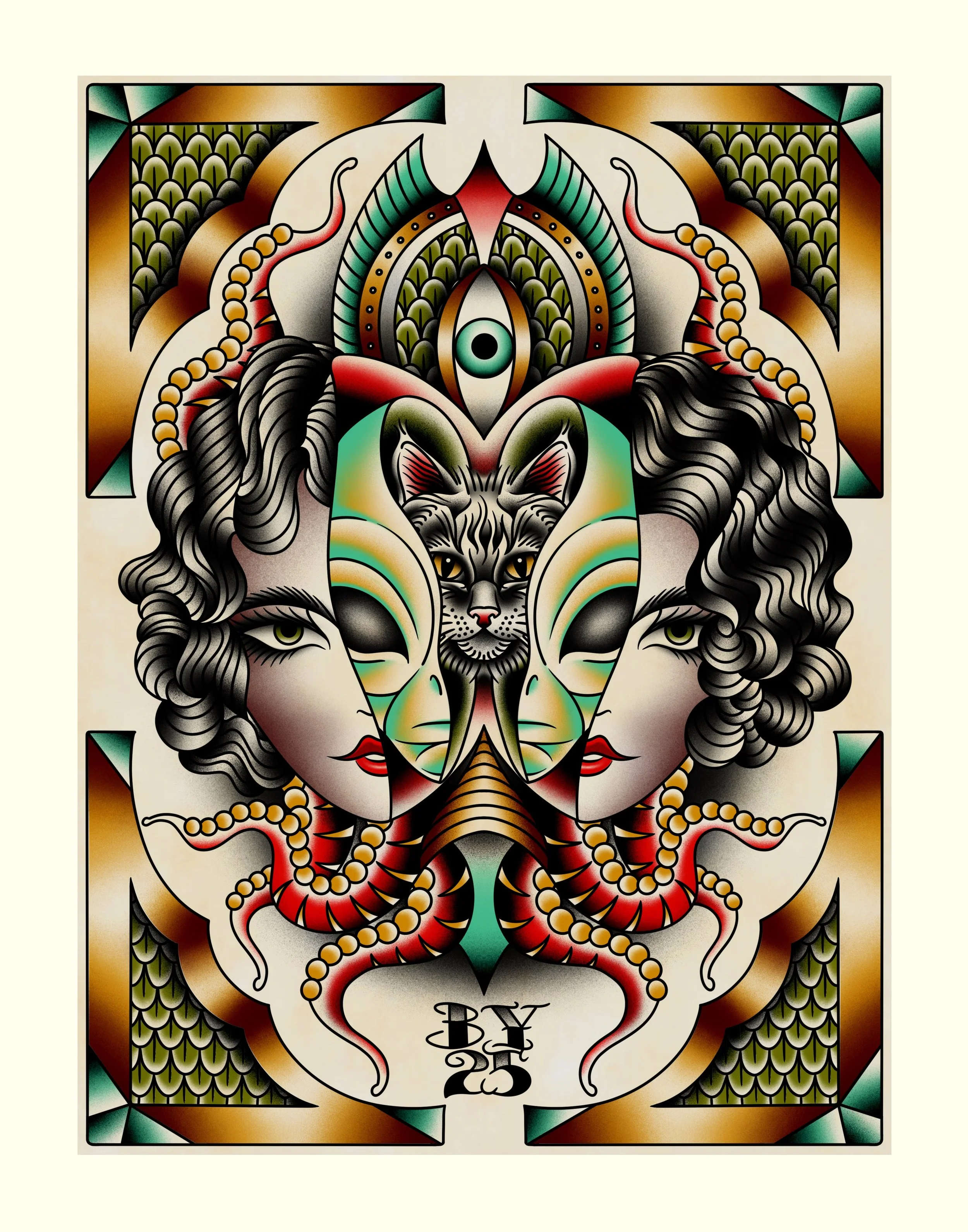 A playing card featuring a design with a central eye, a tiger face, and various colorful, abstract elements, with the word 'BY' visible at the bottom.