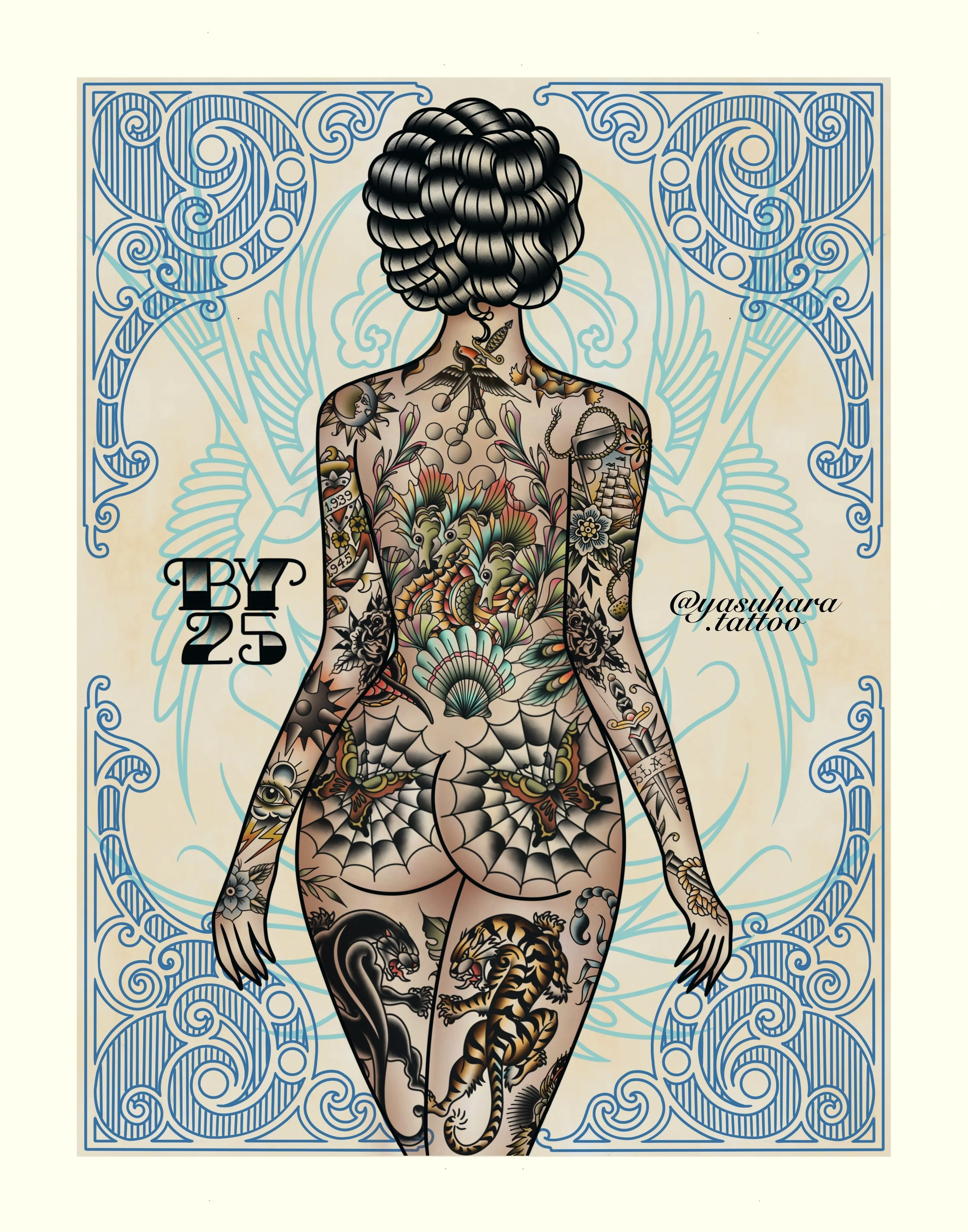 A tattooed woman from the back with black and gray tattoos of animals like a lion, tiger, and snake, standing in front of a decorative blue and beige background.