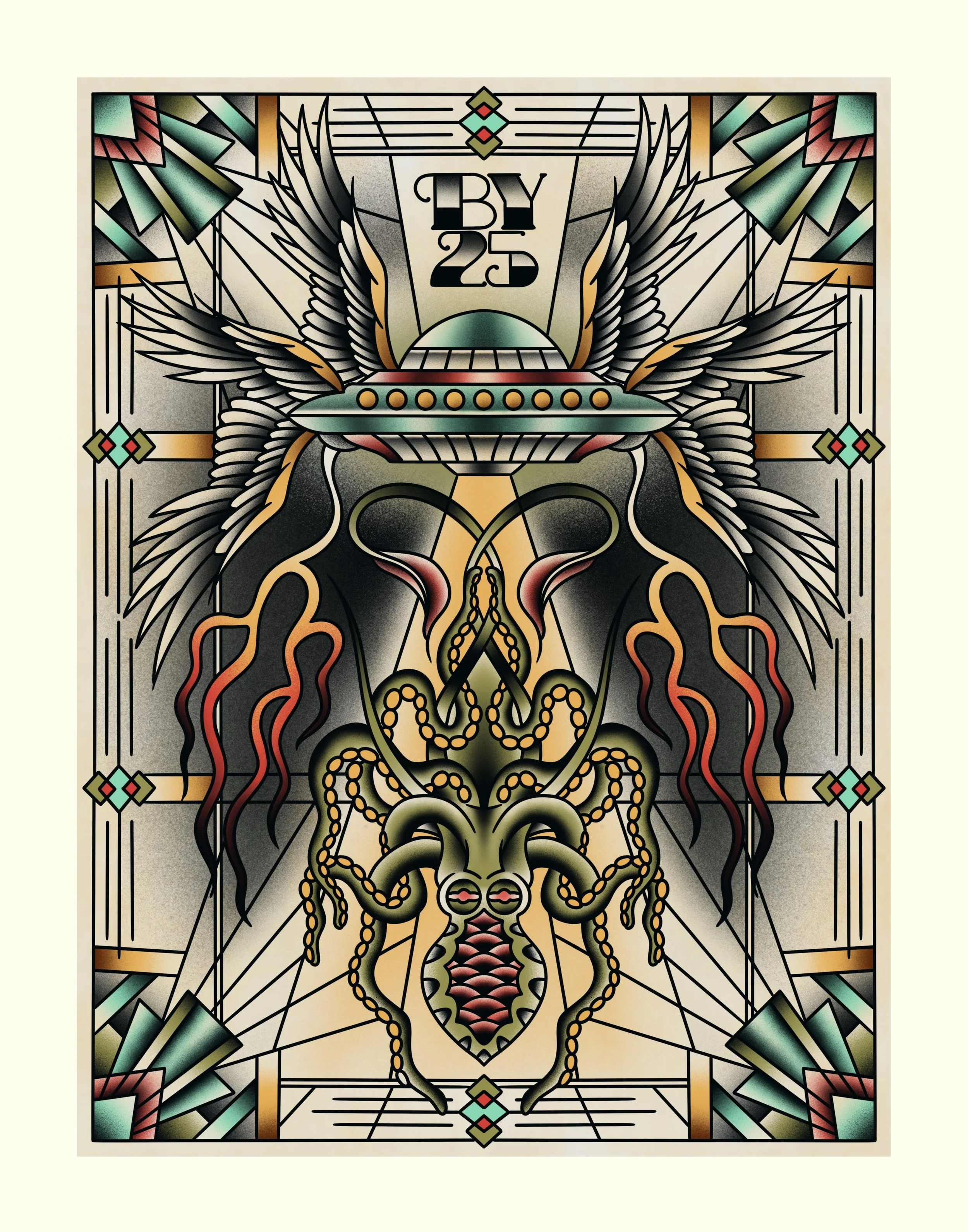 A stained glass artwork depicting a detailed, colorful dragon with the text 'BY 25' above its head.