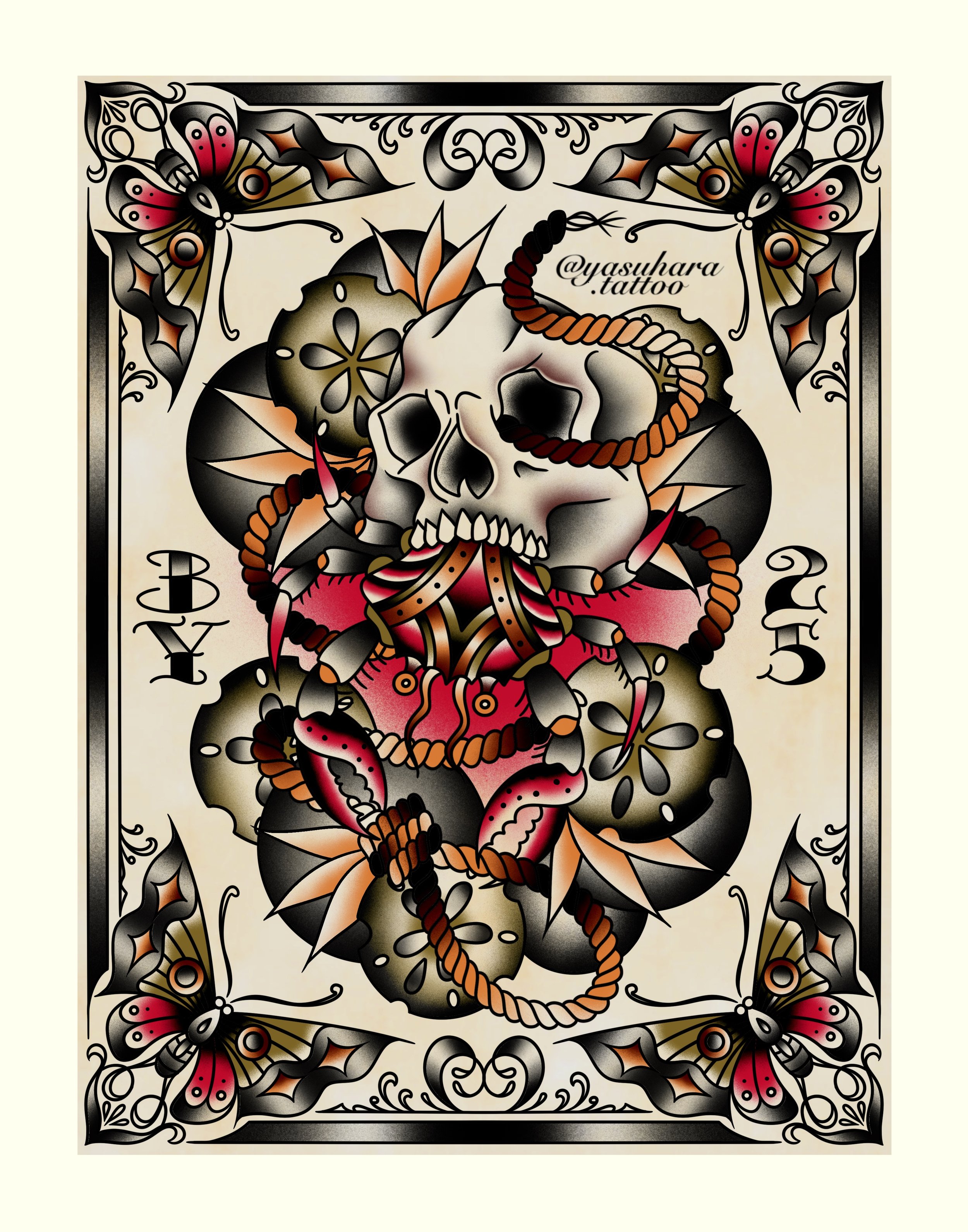 A tattoo design featuring a skull with a snake coiled around it, surrounded by flowers, butterflies, and decorative patterns in black, orange, red, and beige colors.