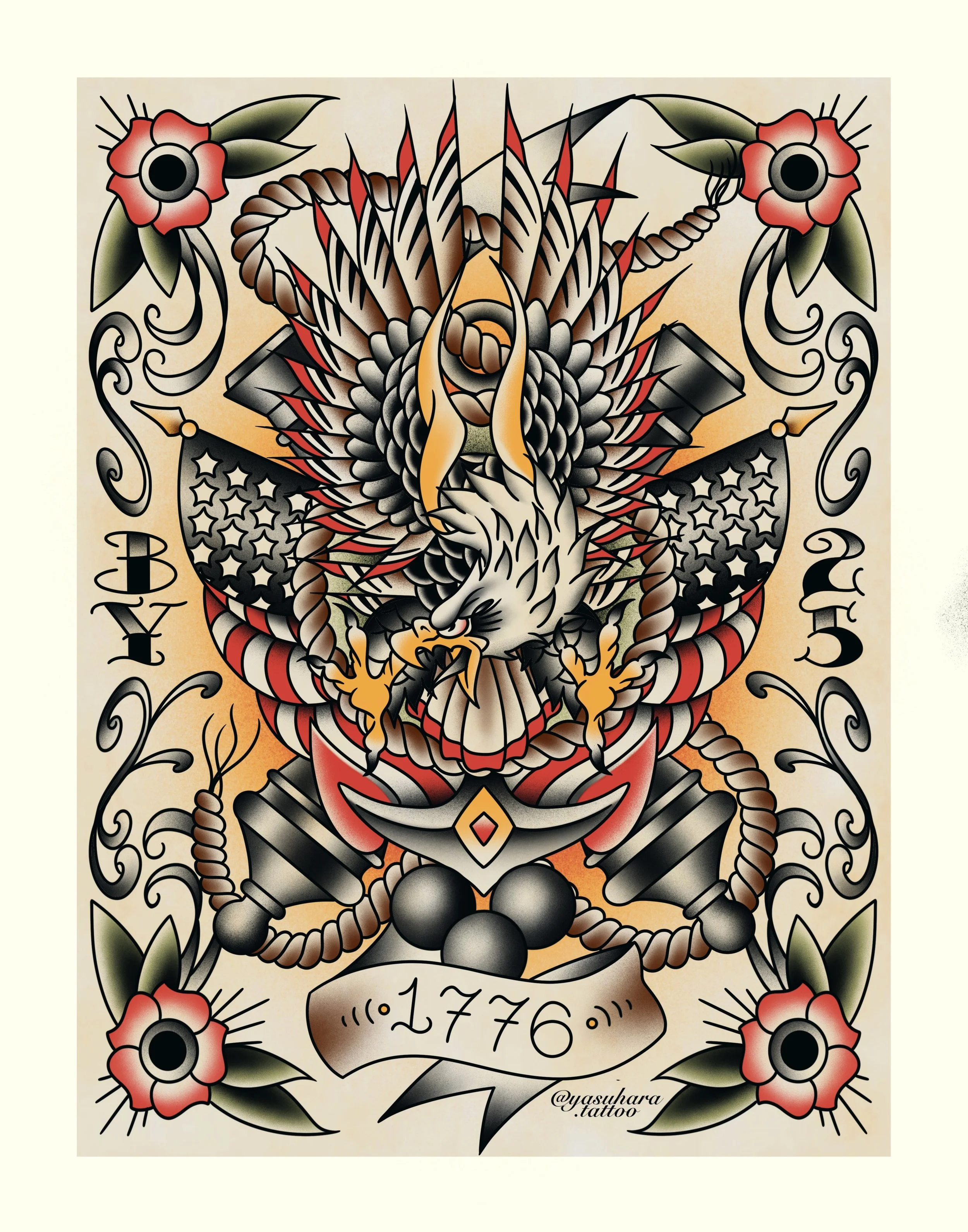 Tattoo design featuring a fierce eagle with spread wings, surrounded by floral elements and intricate patterns, with the date '07.17.76' displayed prominently.