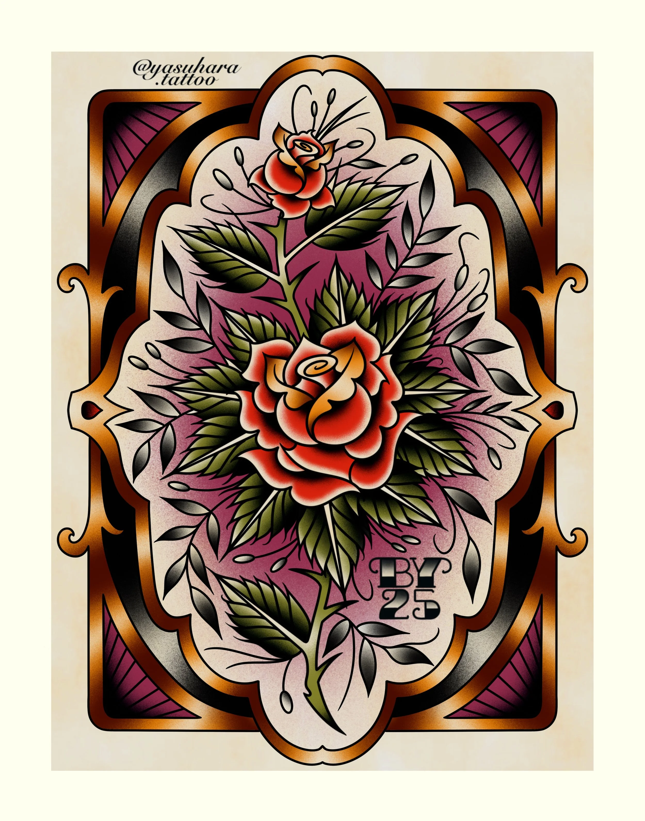 A tattoo design featuring a large red and yellow rose in the center with green leaves and thorns, surrounded by a decorative border with black, purple, and orange accents.