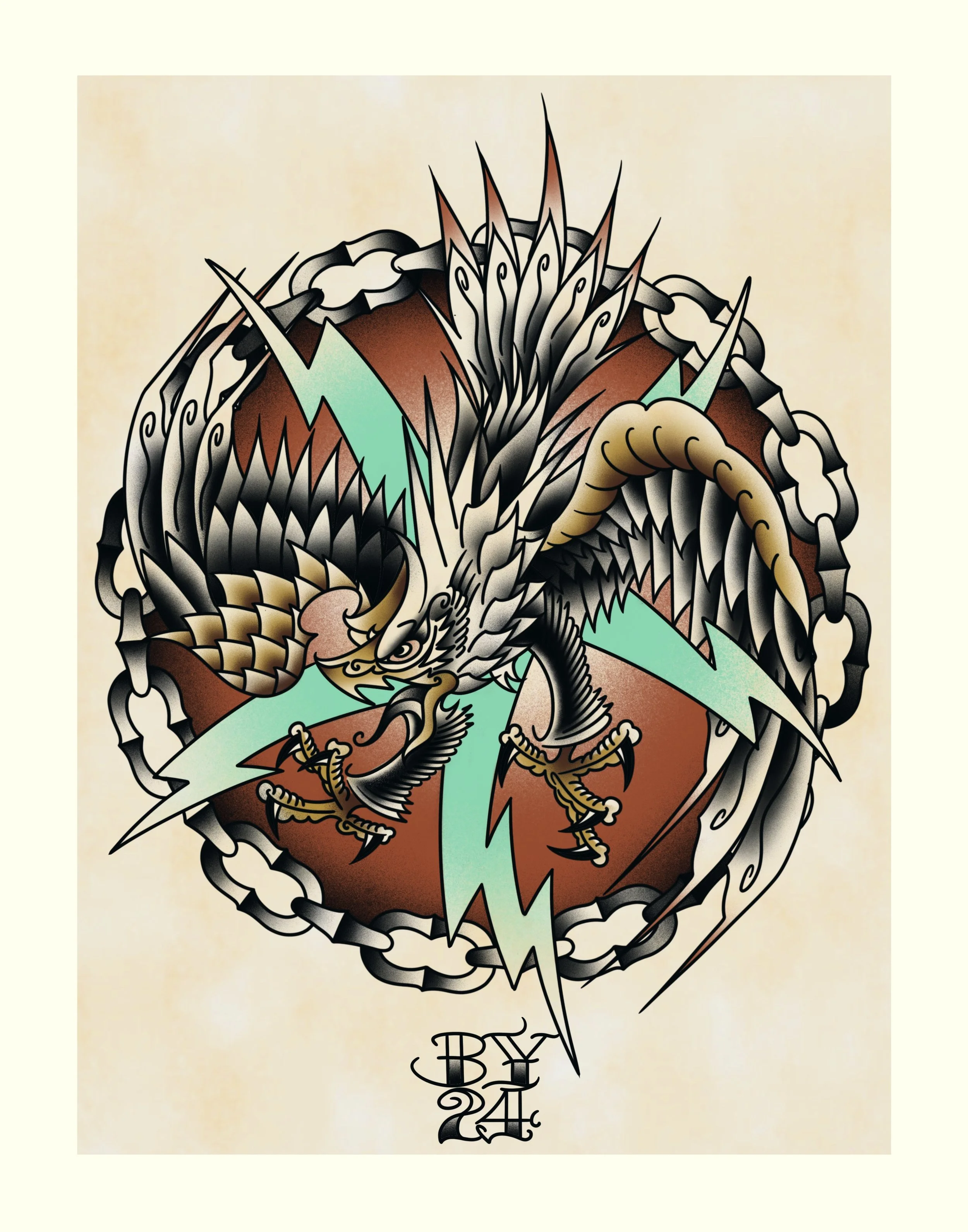 A traditional tattoo-style illustration of a fierce dragon with sharp scales, claws, and an open mouth, surrounded by lightning bolts and chained elements, with the text 'BY DJ' at the bottom.