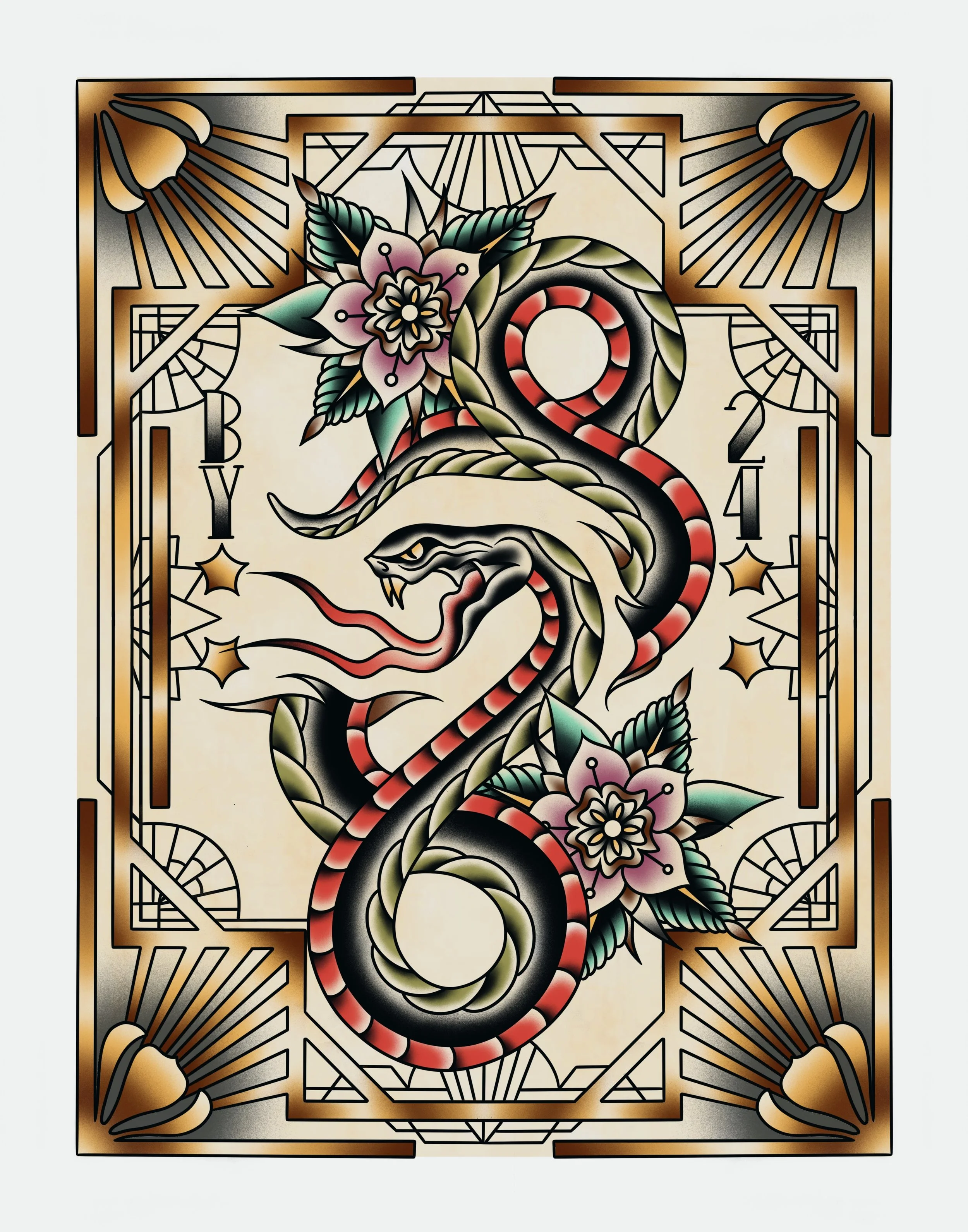 A tattoo-style illustration of a dragon intertwined with pink flowers and green leaves, framed by geometric patterns in shades of black, gold, and beige.