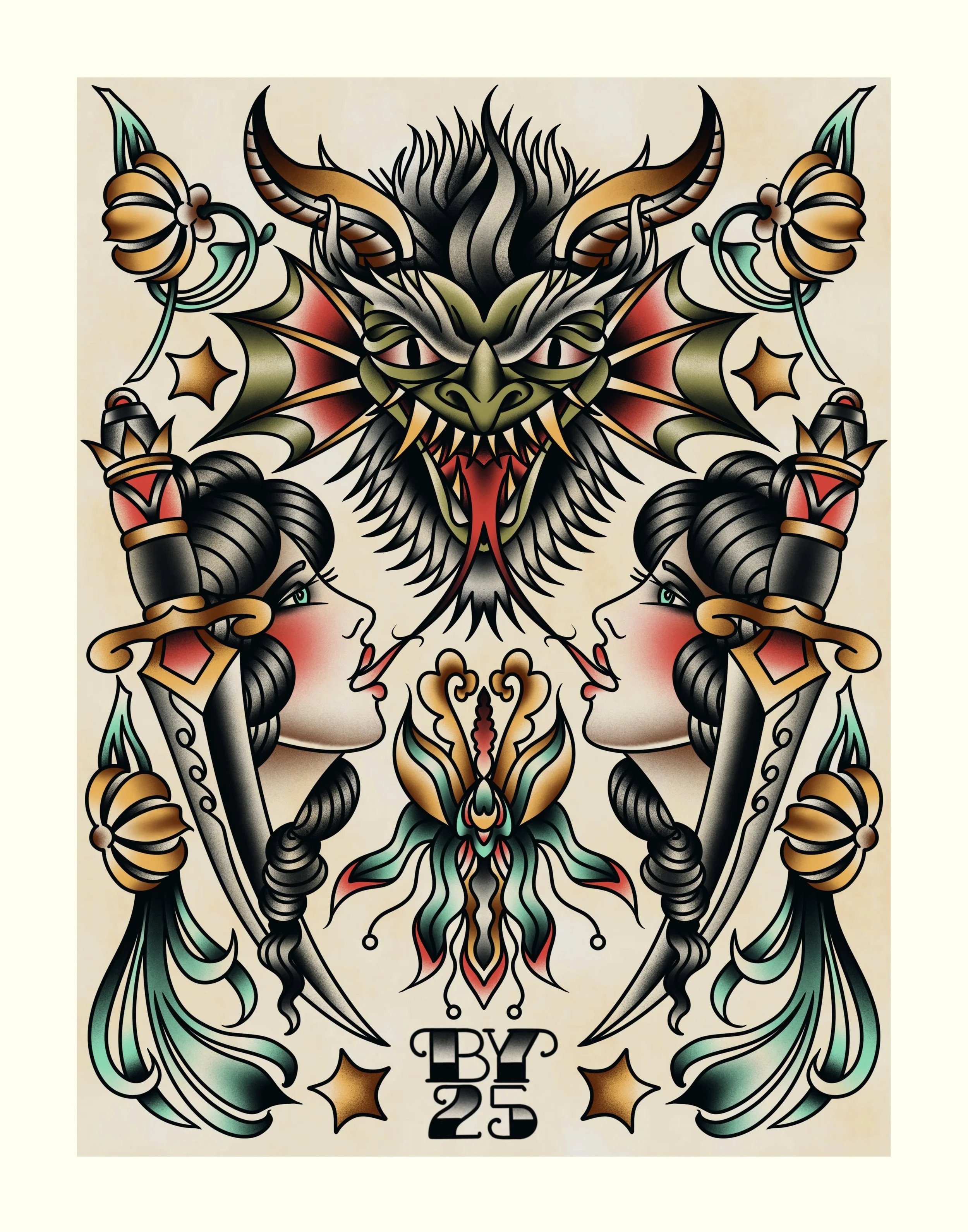Tattoo-style illustration of a fierce dragon's head with horns and fangs, surrounded by symmetrical decorative elements, with the text 'TRY BE 25' at the bottom.