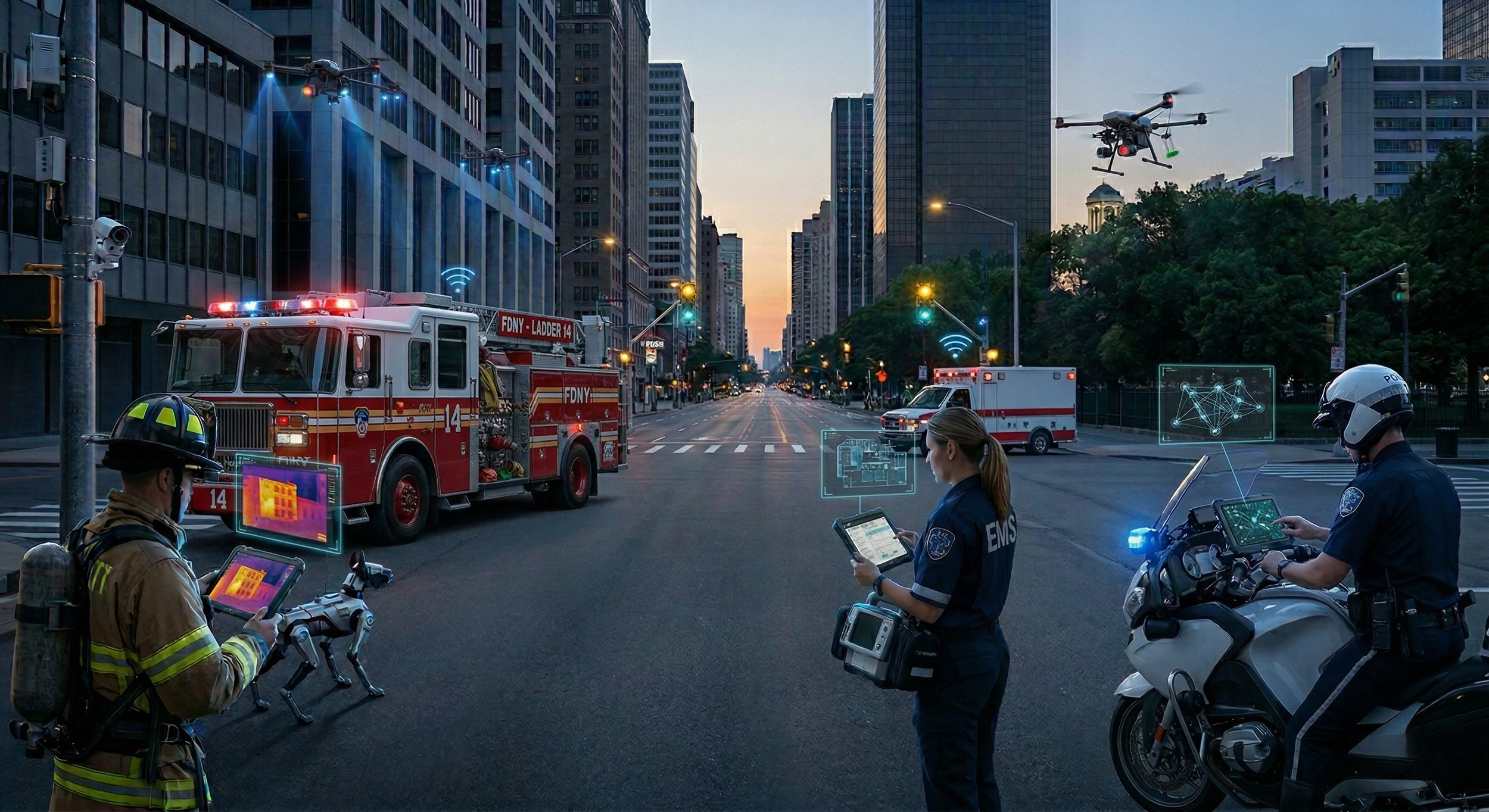 City street at dawn with emergency responders and drones, showing advanced technology for emergency response with police, fire, EMS, and flying drones.