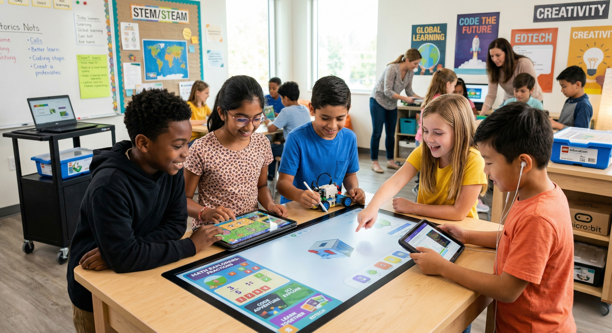 Children in a classroom engaged with digital tablets and a robot, smiling and collaborating, with educational posters and teachers in the background.