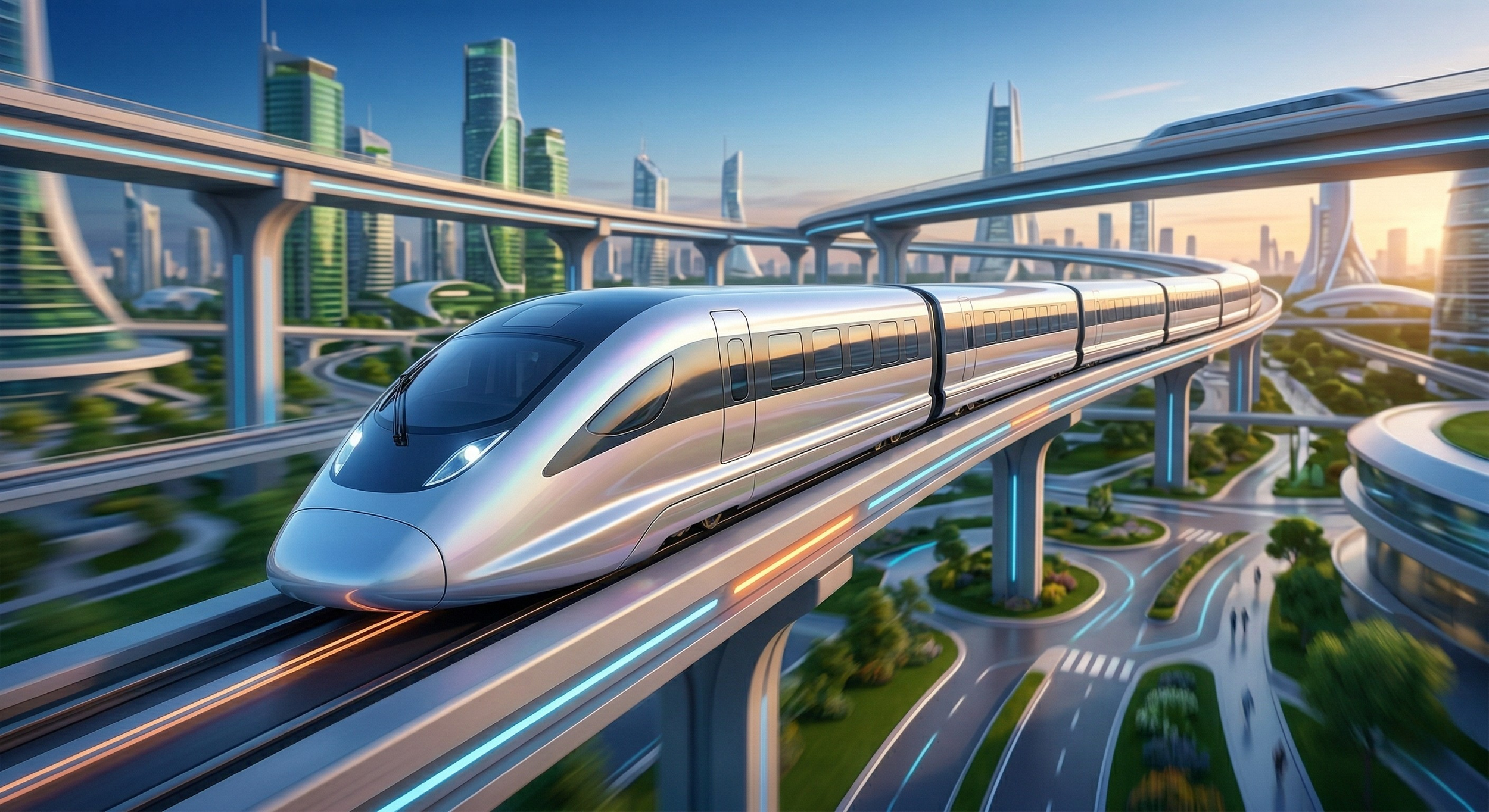 A futuristic high-speed train traveling on an elevated track through a modern city with tall, sleek skyscrapers and multiple elevated roadways.