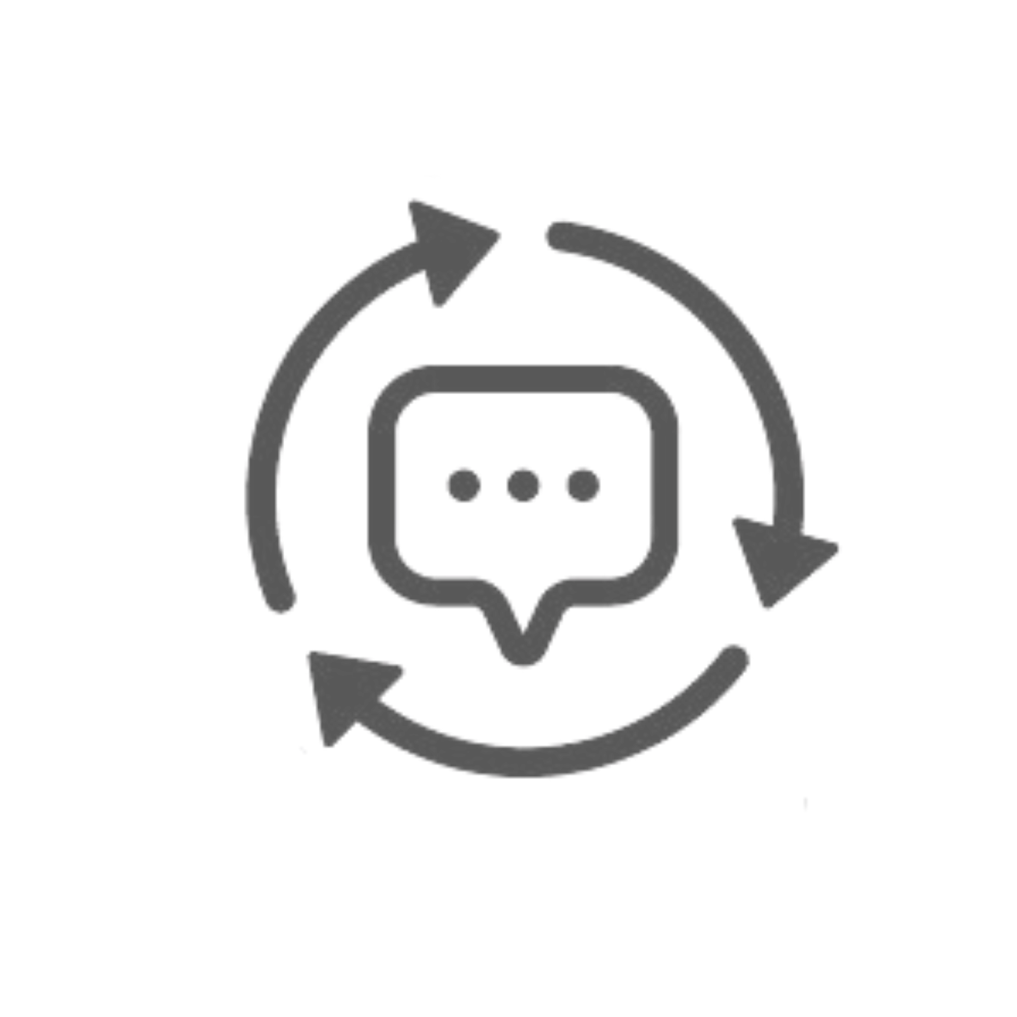 Chatbot icon surrounded by circular arrows indicating a cycle or update process.