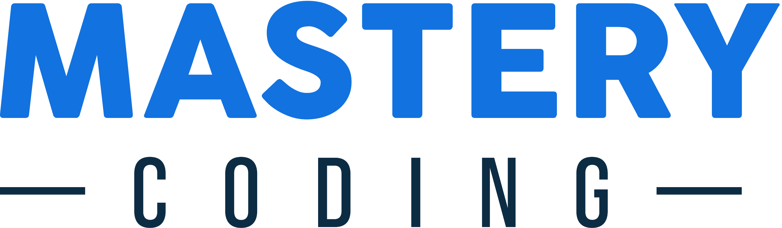 Logo for Mastery Coding with the word 'MASTERY' in large blue letters above the word 'CODING' in smaller black letters, with two horizontal lines on each side.